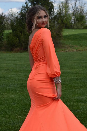 dressimeMermaid One Shoulder Long Sleeves Prom Dresses with Slit