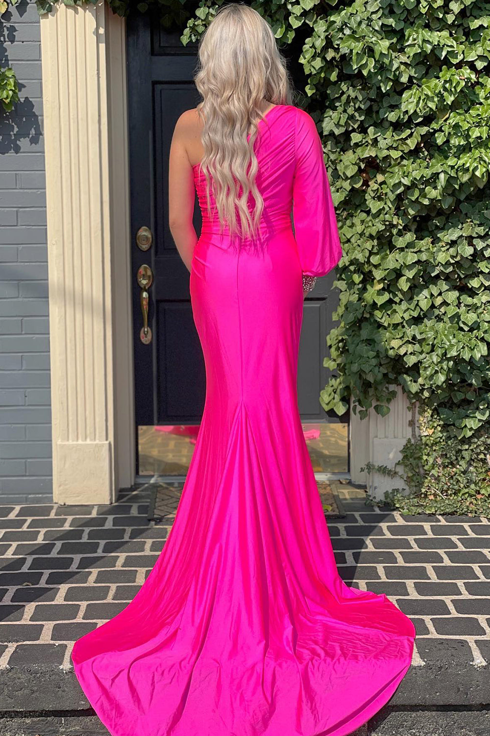 dressimeMermaid One Shoulder Long Sleeves Prom Dresses with Slit