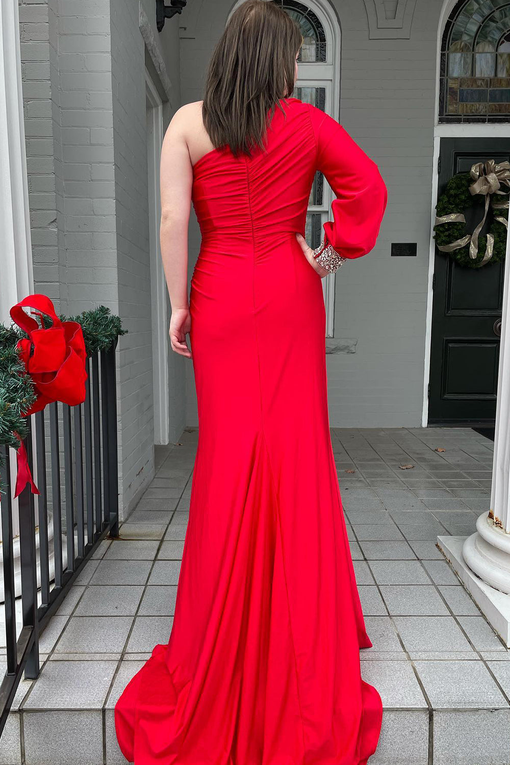 dressimeMermaid One Shoulder Long Sleeves Prom Dresses with Slit