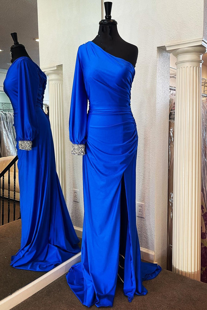 dressimeMermaid One Shoulder Long Sleeves Prom Dresses with Slit