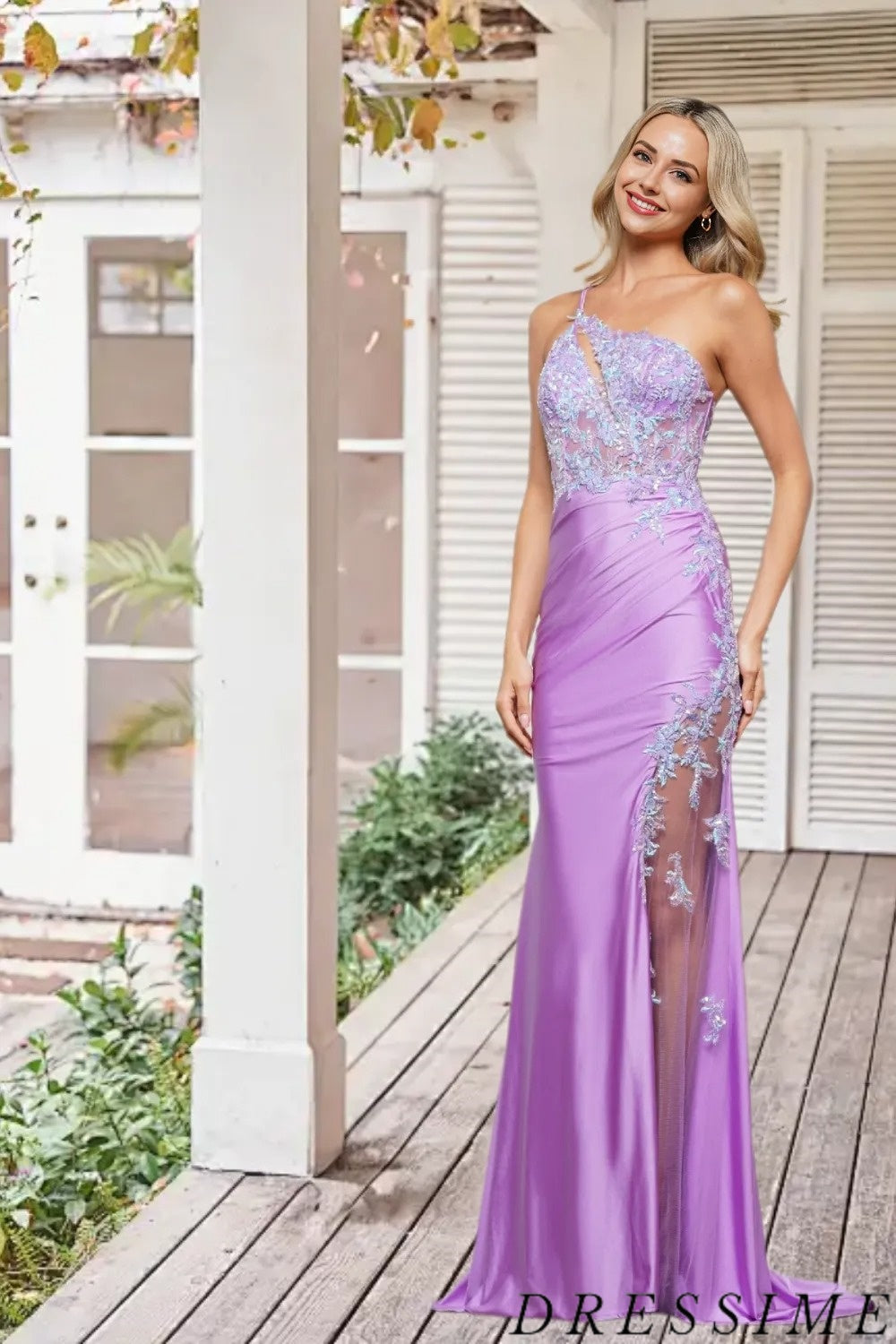 Dressime Mermaid One Shoulder Satin Long Prom Dress With Appliques dressime