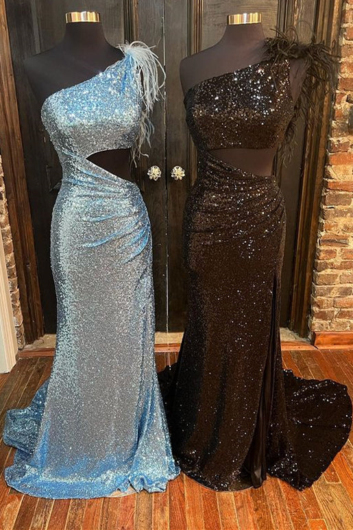 dressimeDressime Mermaid One-Shoulder Sequin Feathers Cutout Long Prom Dress