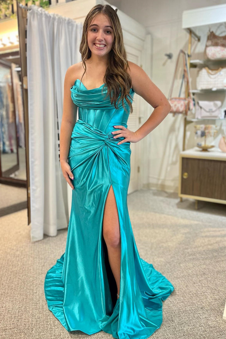 dressimeMermaid Satin Strapless Twist-Front Long Dresses with Slit