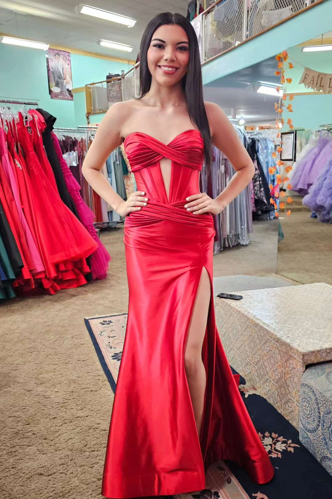 dressimeMermaid Satin Sweetheart Cut Out Long Prom Dress with Slit