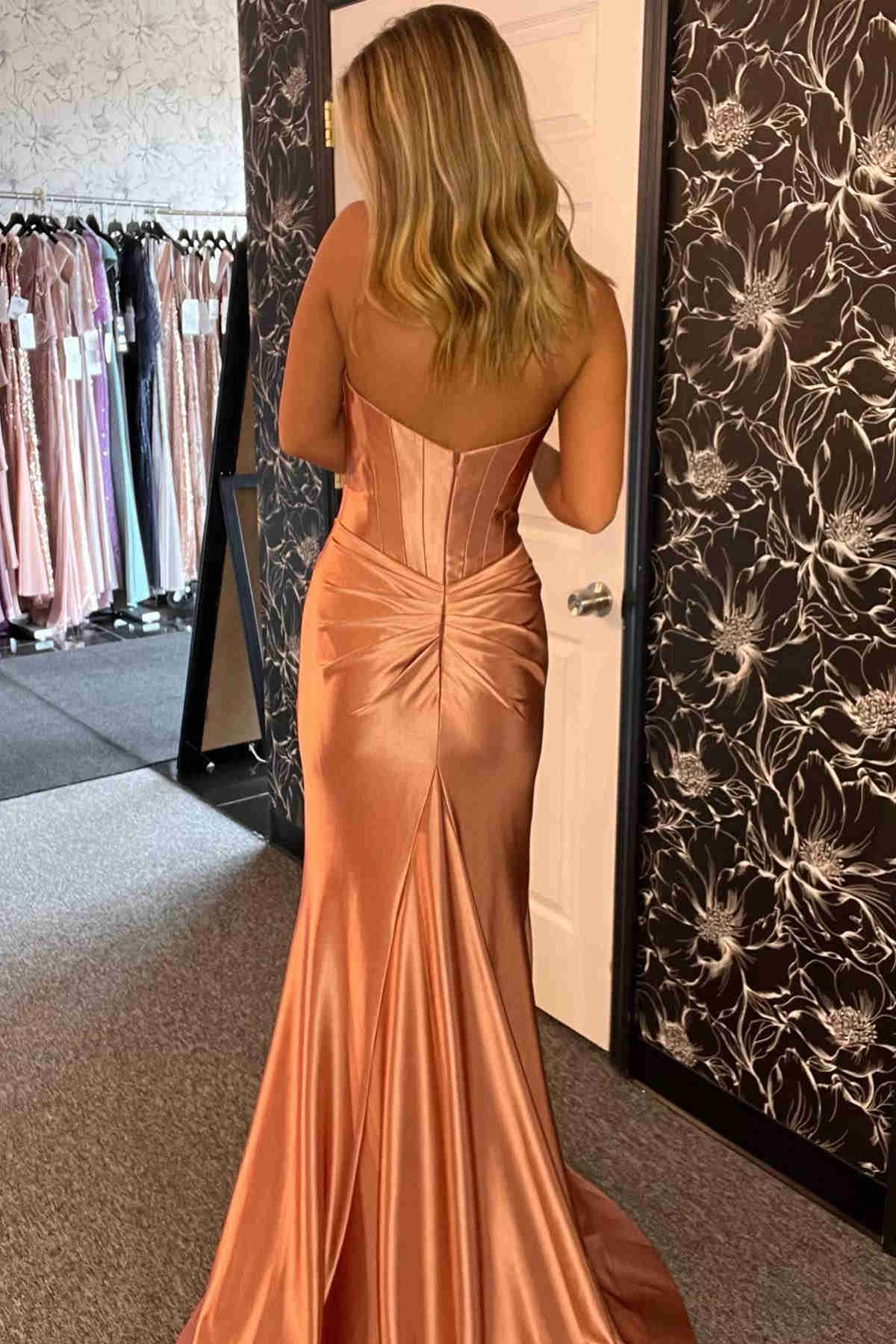 dressimeMermaid Satin Sweetheart Pleated Long Prom Dress