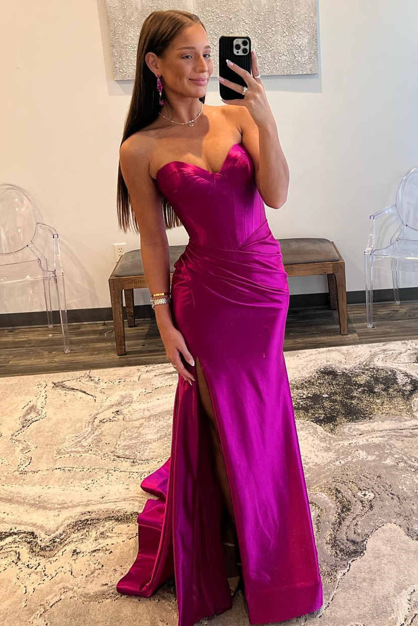 dressimeMermaid Satin Sweetheart Pleated Long Prom Dress