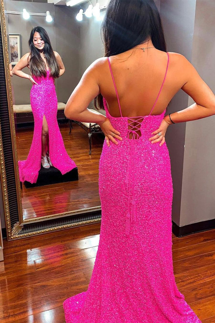 dressimeMermaid Sequins Spaghetti Straps Slit Long Prom Dresses