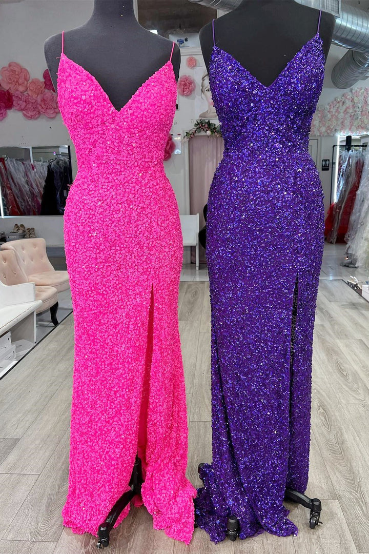 dressimeMermaid Sequins Spaghetti Straps Slit Long Prom Dresses
