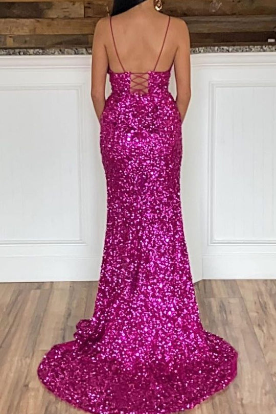 dressimeMermaid Sequins Spaghetti Straps Slit Long Prom Dresses