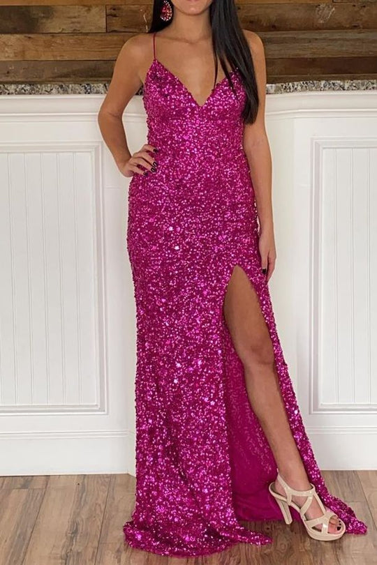 dressimeMermaid Sequins Spaghetti Straps Slit Long Prom Dresses