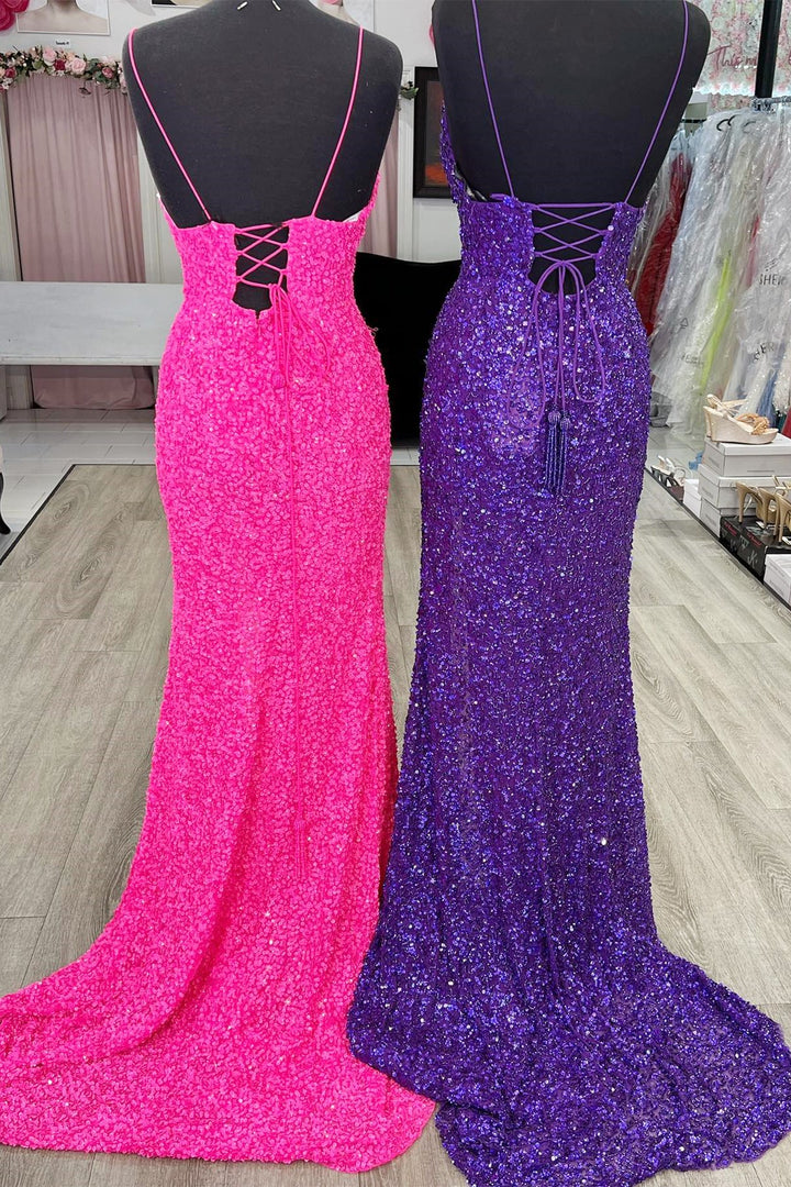 dressimeMermaid Sequins Spaghetti Straps Slit Long Prom Dresses