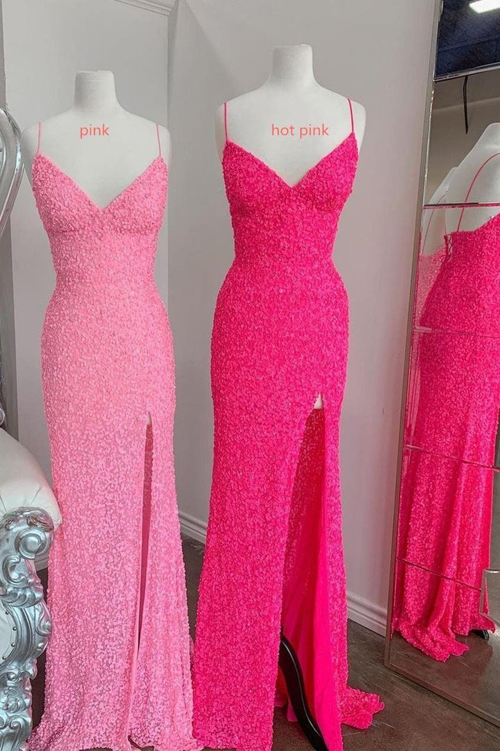 dressimeMermaid Sequins Spaghetti Straps Slit Long Prom Dresses