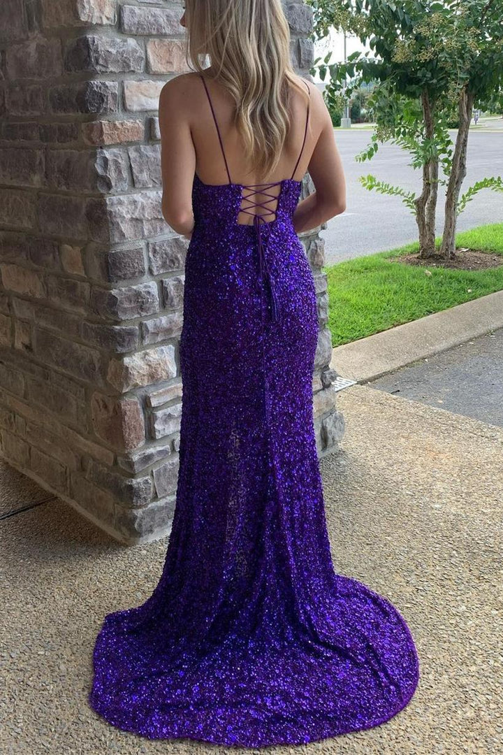dressimeMermaid Sequins Spaghetti Straps Slit Long Prom Dresses