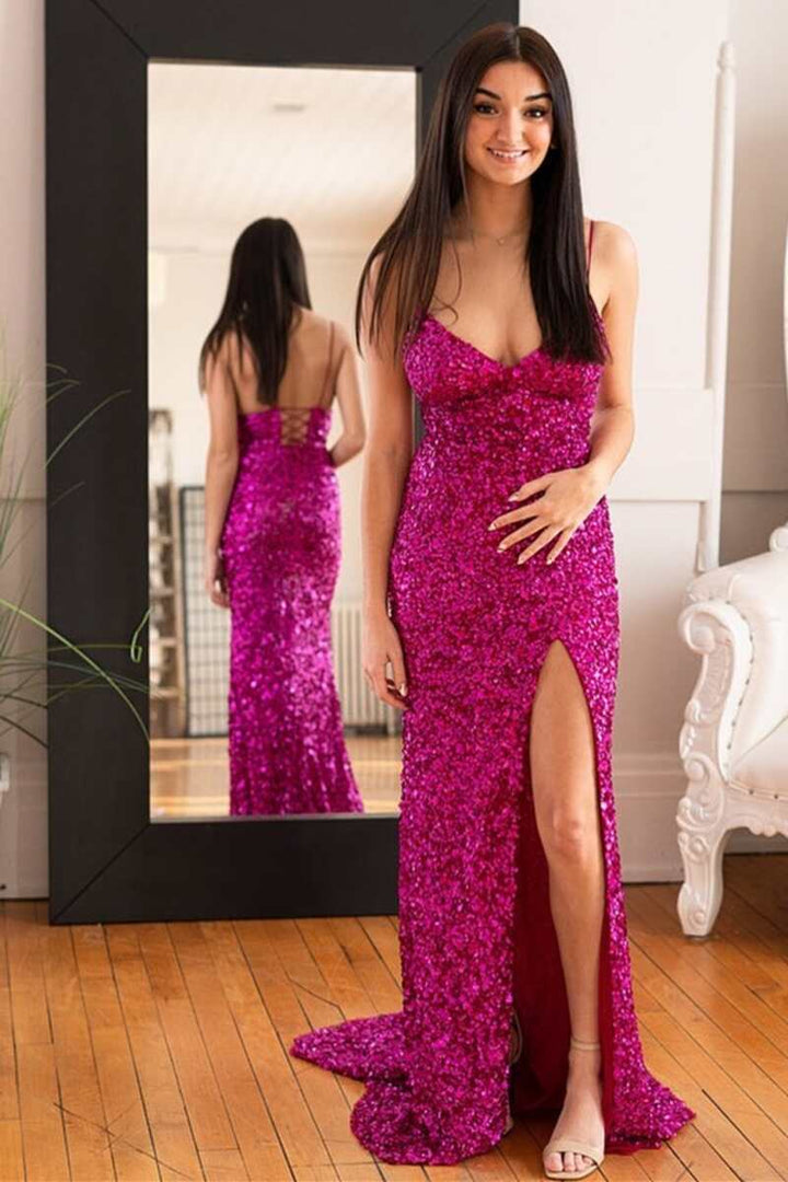 dressimeMermaid Sequins Spaghetti Straps Slit Long Prom Dresses