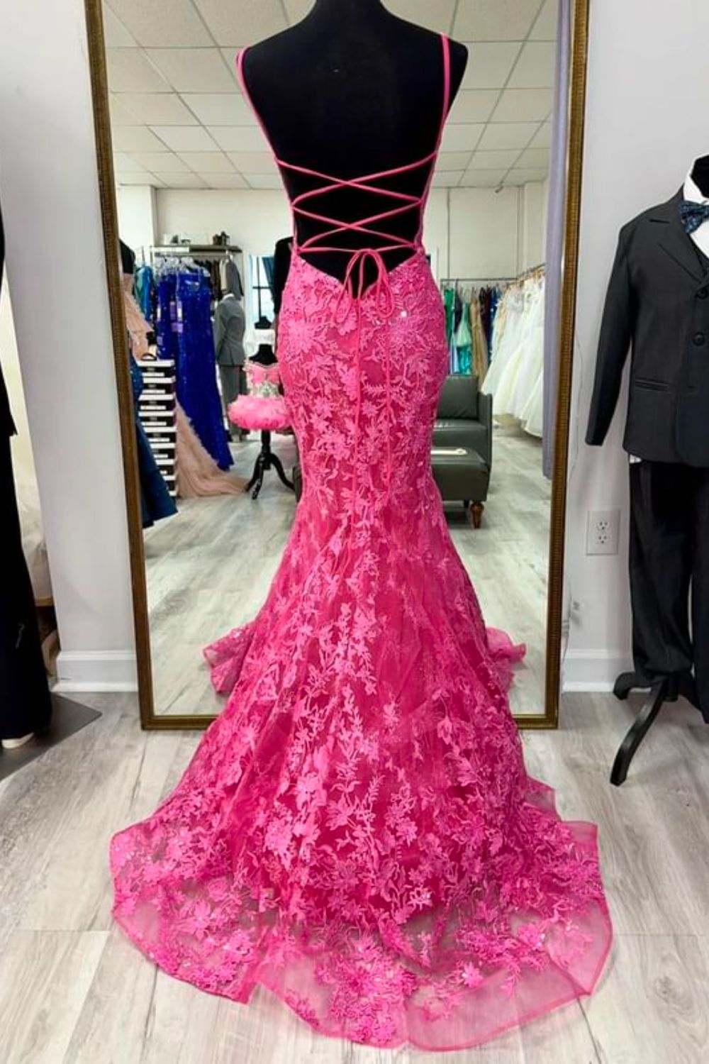 Dressime Mermaid Spagetti Straps Tulle Trumpet Long Prom Dress With Appliques dressime