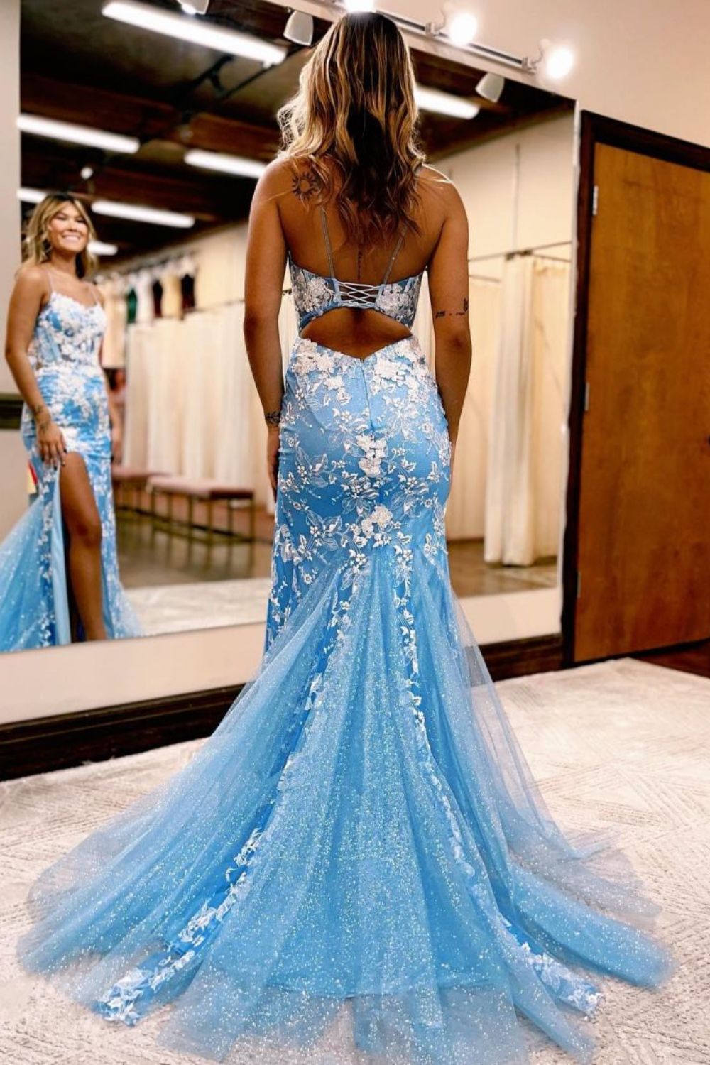 Dressime Mermaid Spaghetti Straps Slit Long Prom Dress With Appliques dressime