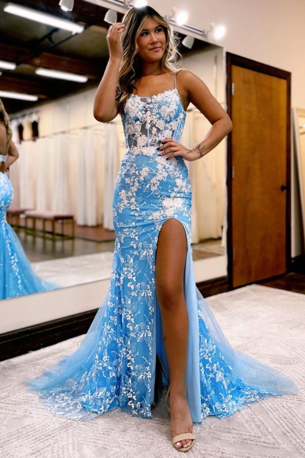 Dressime Mermaid Spaghetti Straps Slit Long Prom Dress With Appliques dressime