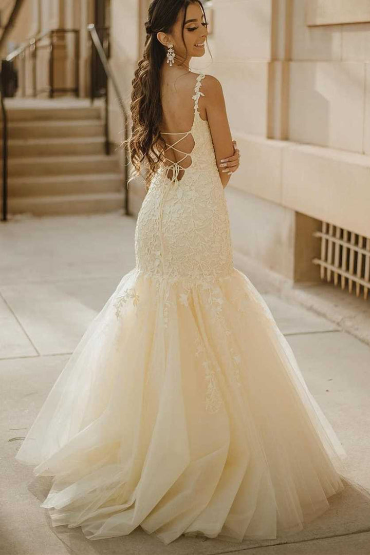 dressimeMermaid Spaghetti Straps Tulle Prom Dresses With Applique