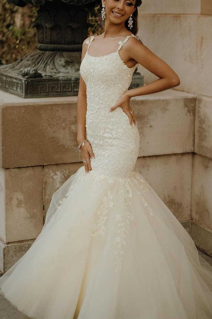 dressimeMermaid Spaghetti Straps Tulle Prom Dresses With Applique