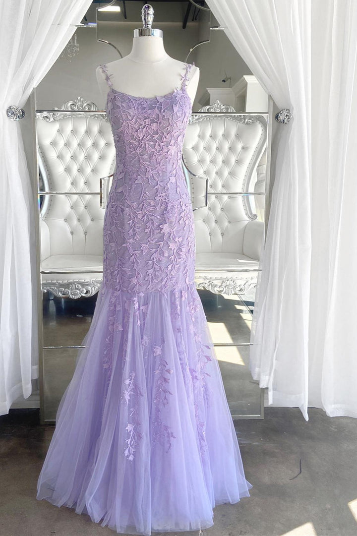 dressimeMermaid Spaghetti Straps Tulle Prom Dresses With Applique