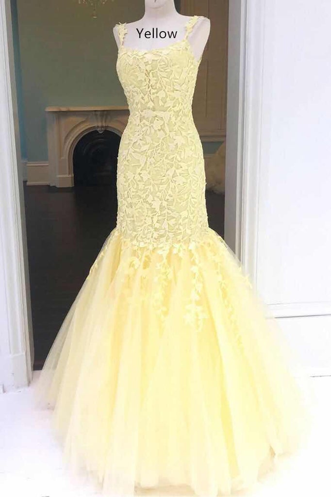 dressimeMermaid Spaghetti Straps Tulle Prom Dresses With Applique