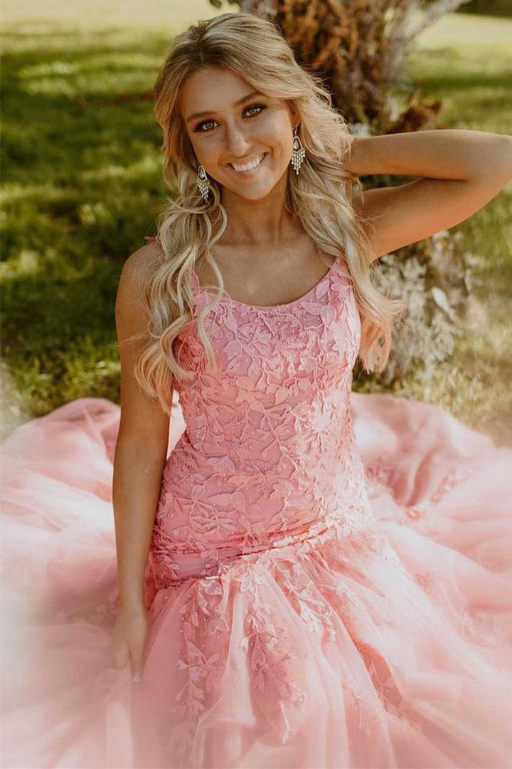 dressimeMermaid Spaghetti Straps Tulle Prom Dresses With Applique
