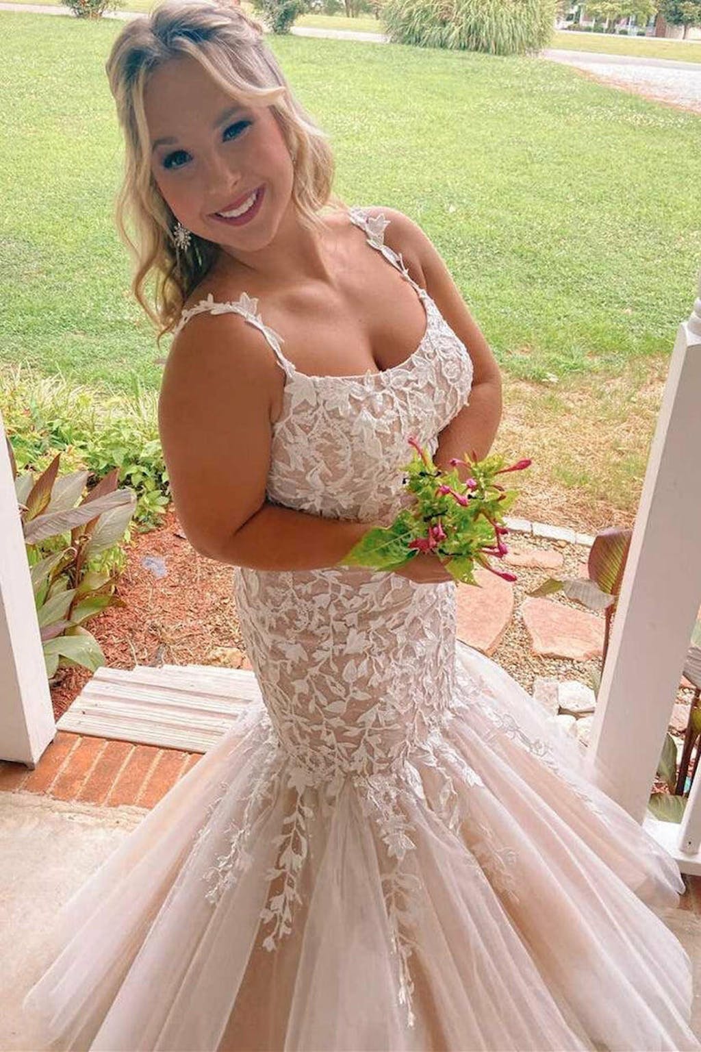 dressimeMermaid Spaghetti Straps Tulle Prom Dresses With Applique