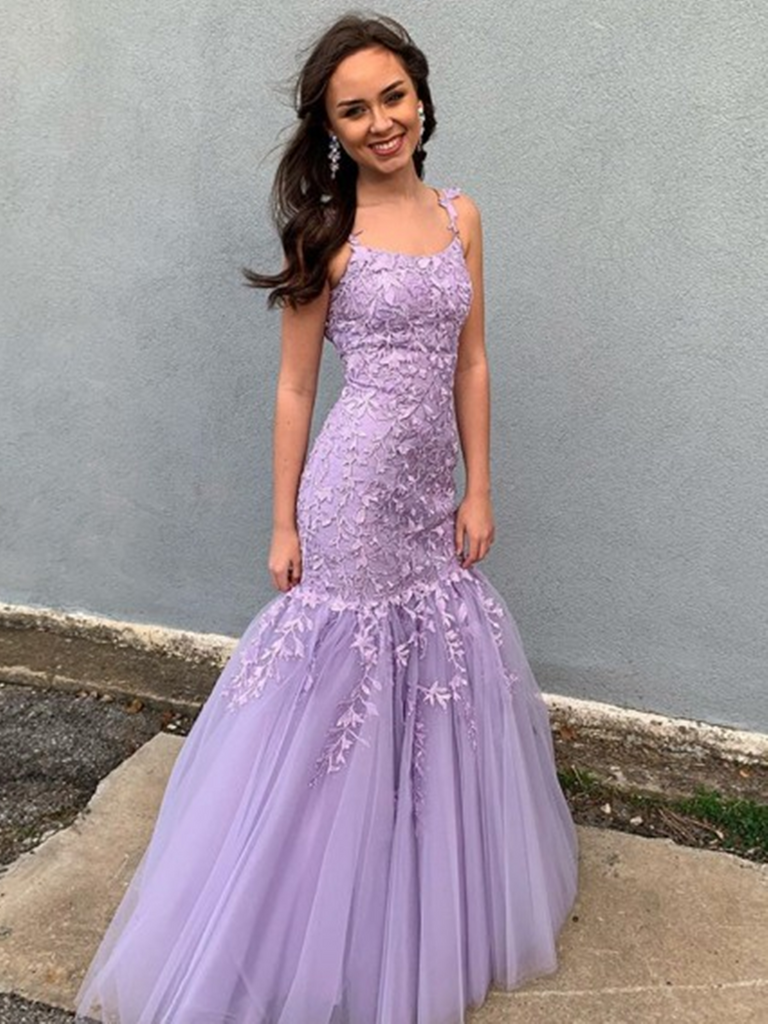 dressimeMermaid Spaghetti Straps Tulle Prom Dresses With Applique