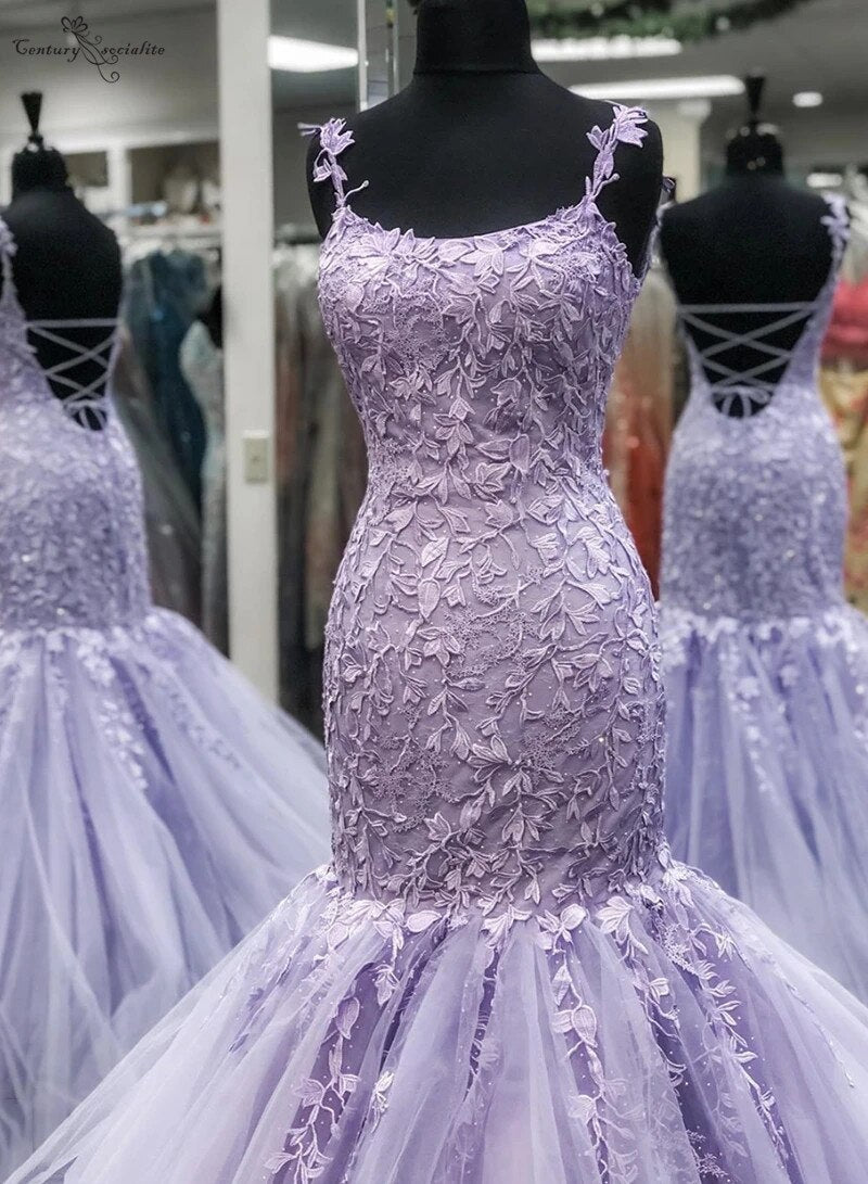 dressimeMermaid Spaghetti Straps Tulle Prom Dresses With Applique
