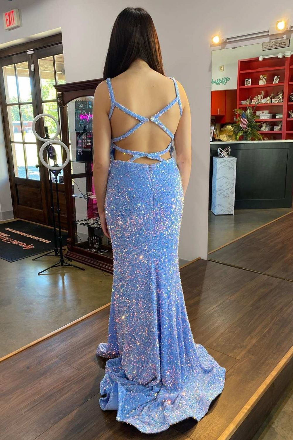 Dressime Mermaid Square Neck Straps Sequin Long Prom Dress dressime