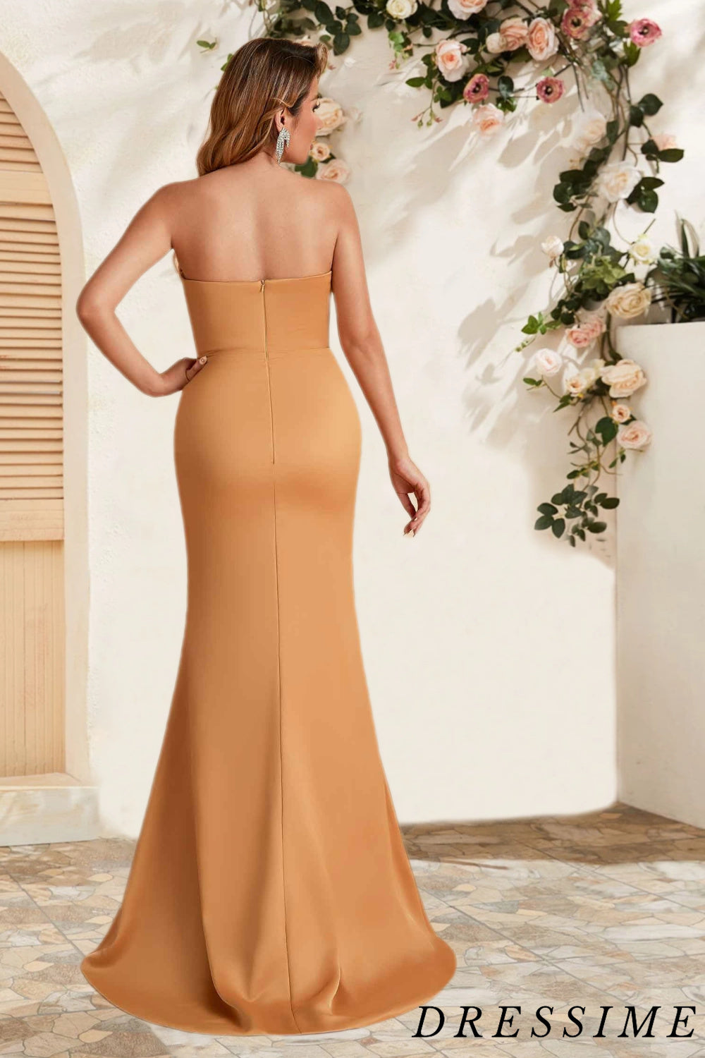 Dressime Mermaid Strapless Satin Floor Length Bridesmaid Dress With Slit dressime