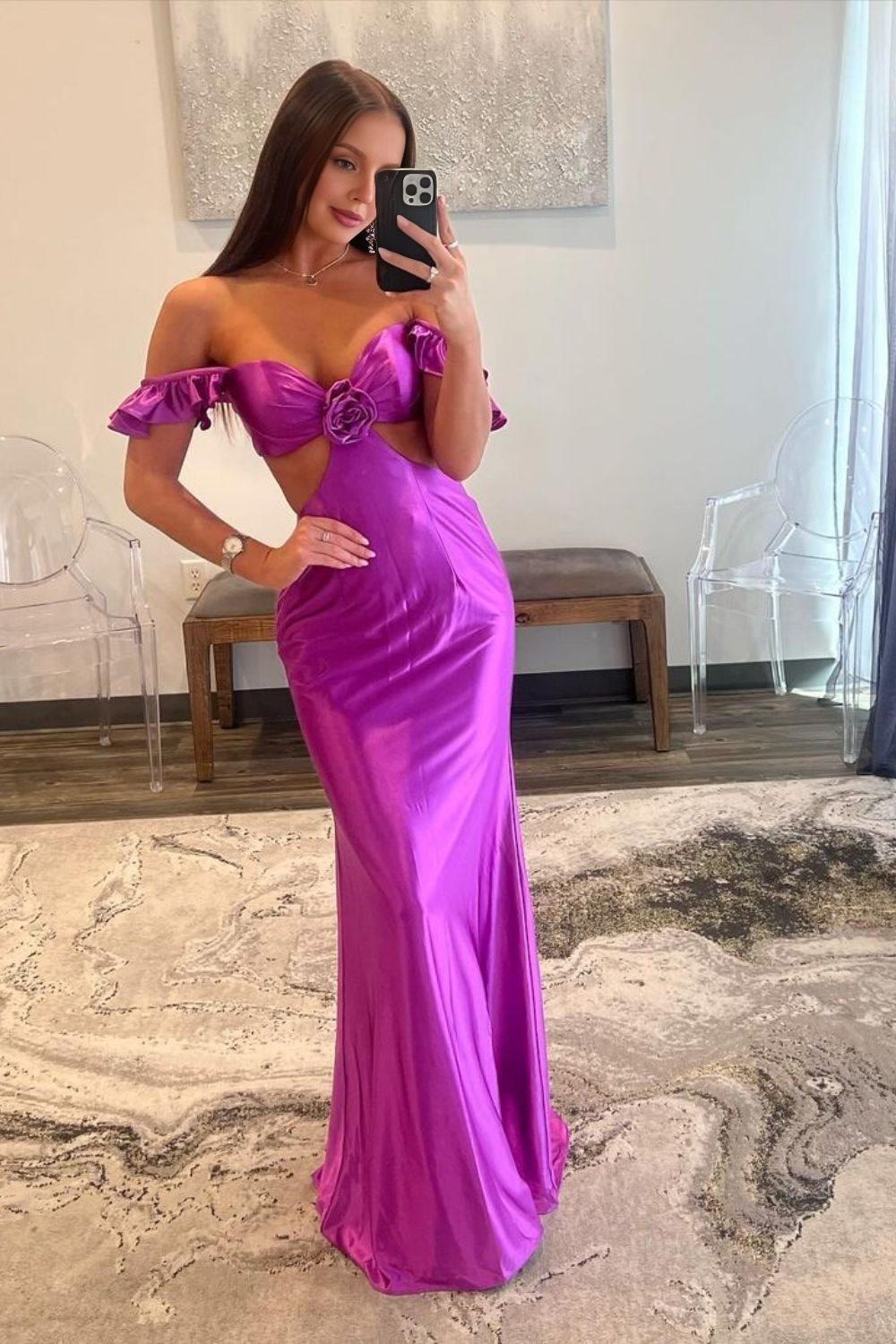 Dressime Mermaid Straps Ruffle Satin Rosette Side Cutouts Prom Dress dressime