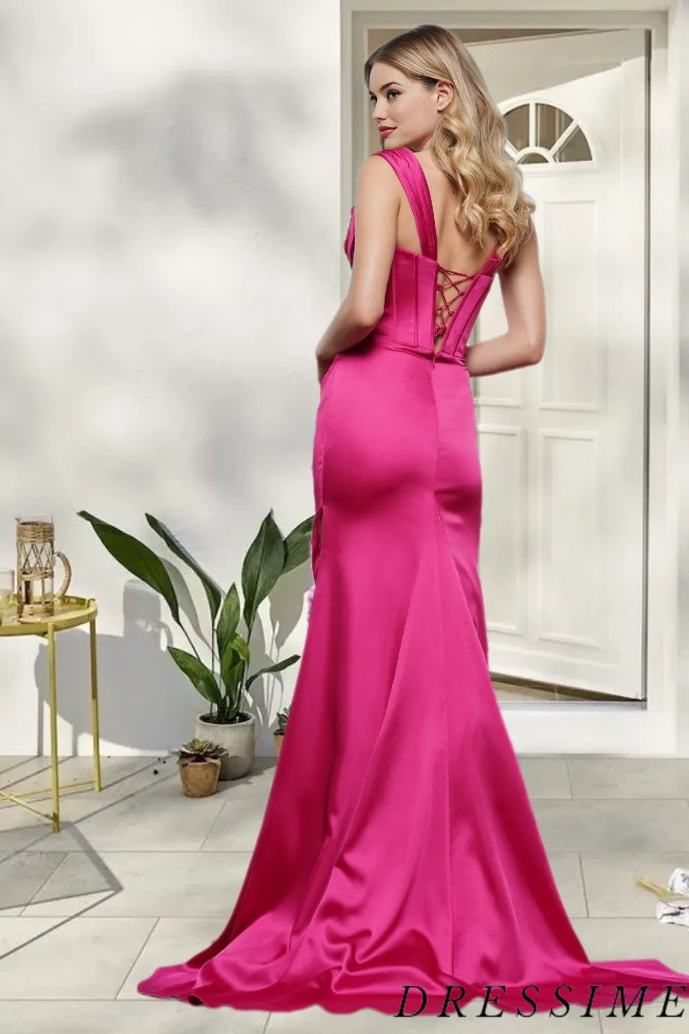 Dressime Mermaid Straps Satin Slit Long Prom Dress With 3D Flowers dressime