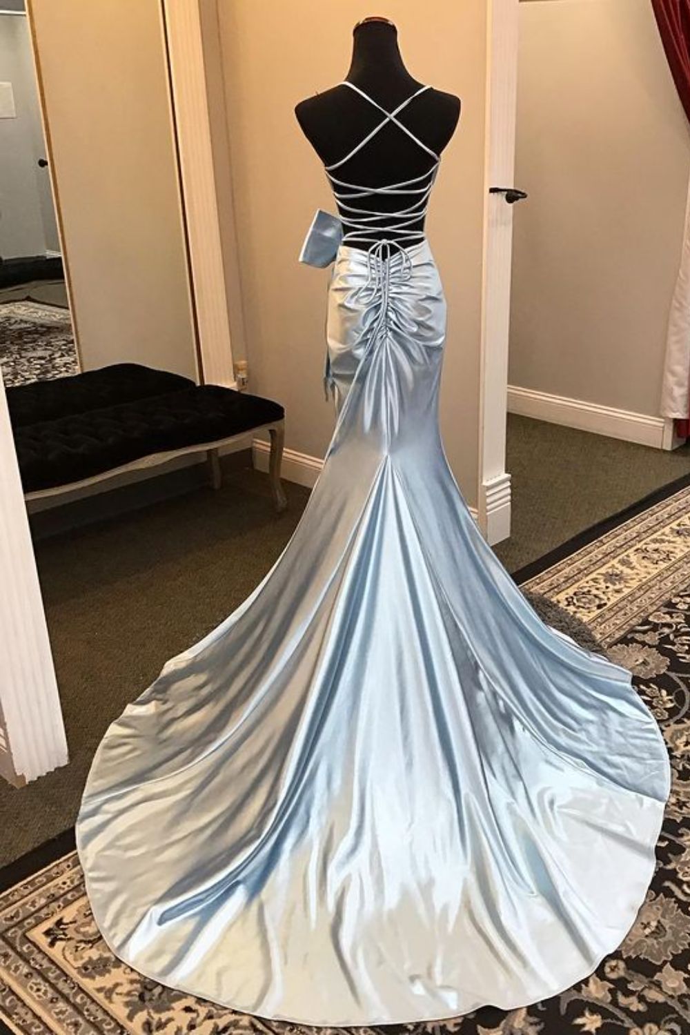 Dressime Mermaid Straps V Neck Satin Slit Prom Dress with Bow dressime