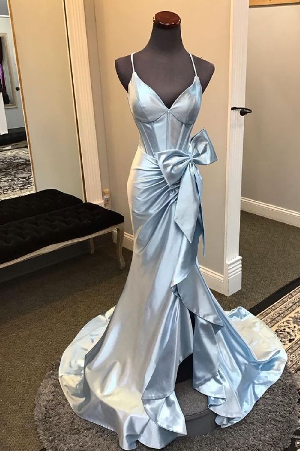 Dressime Mermaid Straps V Neck Satin Slit Prom Dress with Bow dressime