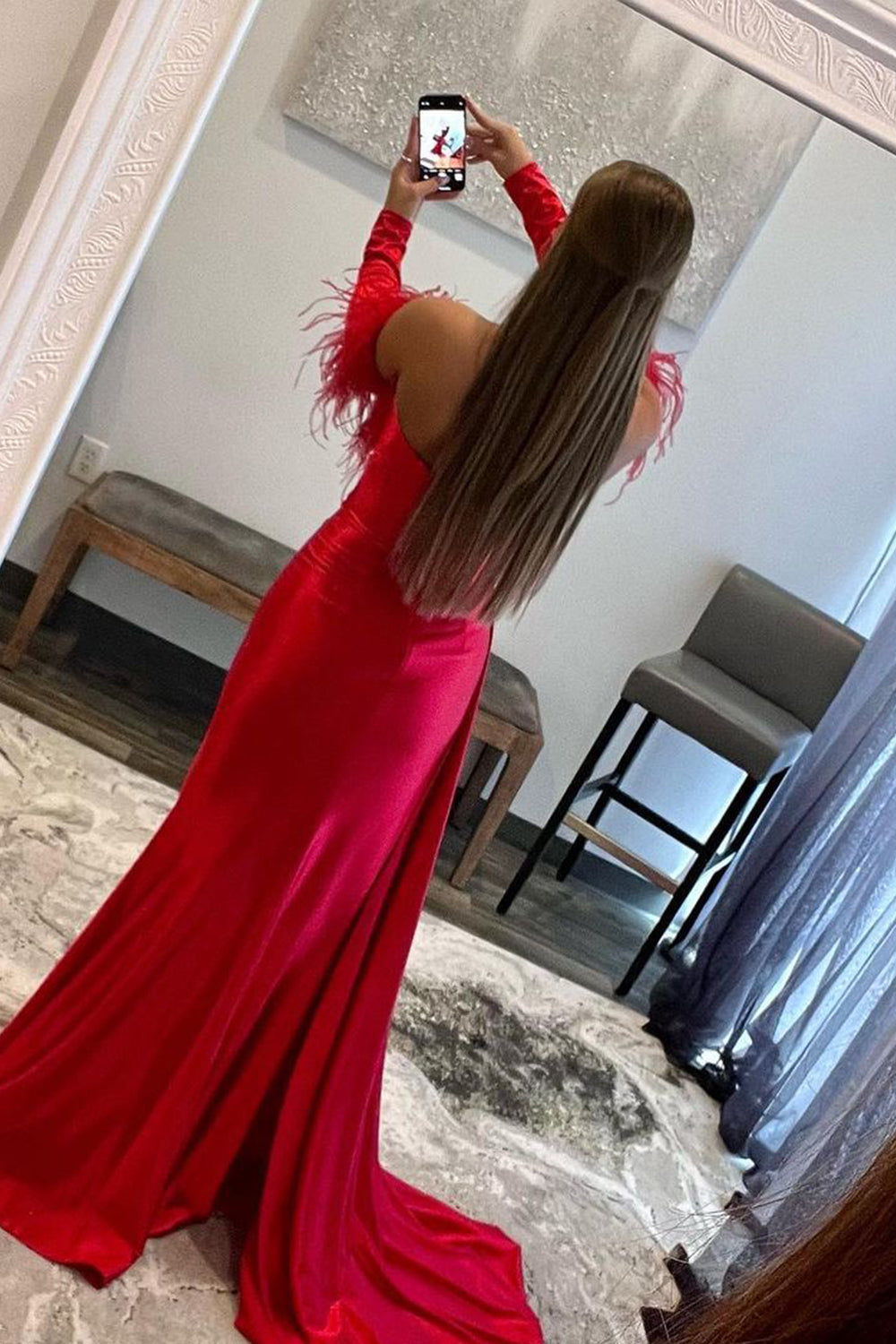 dressimeMermaid Sweetheart Pleated Long Sleeves Prom Dresses with Slit Feather