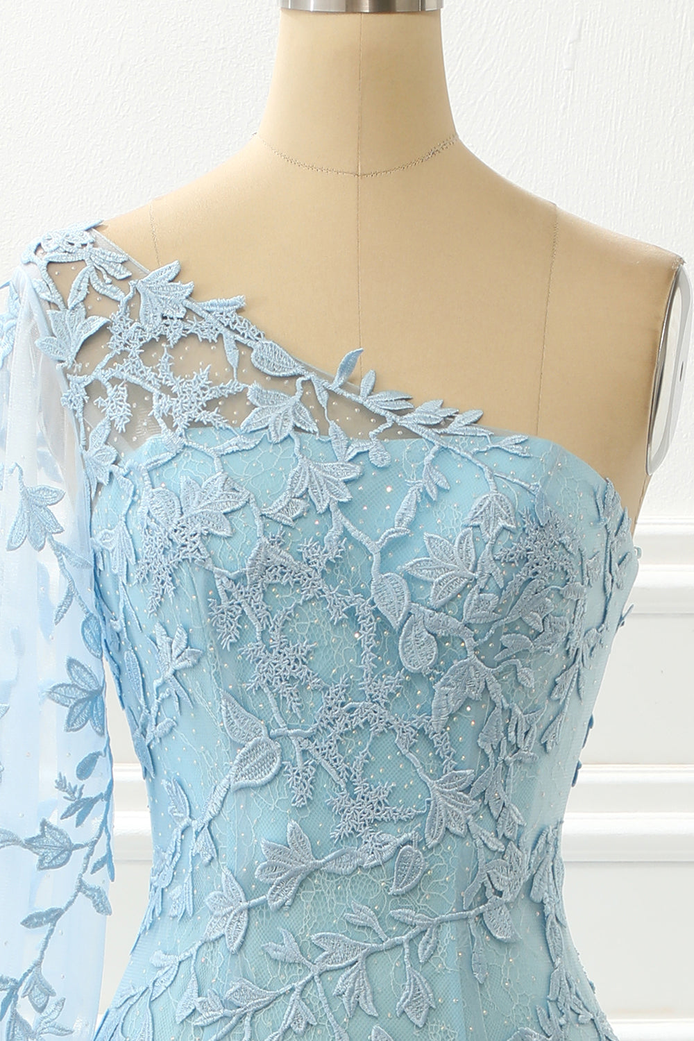 dressimeMermaid Tulle One Shoulder Long Sleeves Slit Prom Dresses With Applique