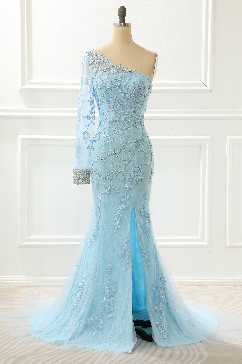 dressimeMermaid Tulle One Shoulder Long Sleeves Slit Prom Dresses With Applique