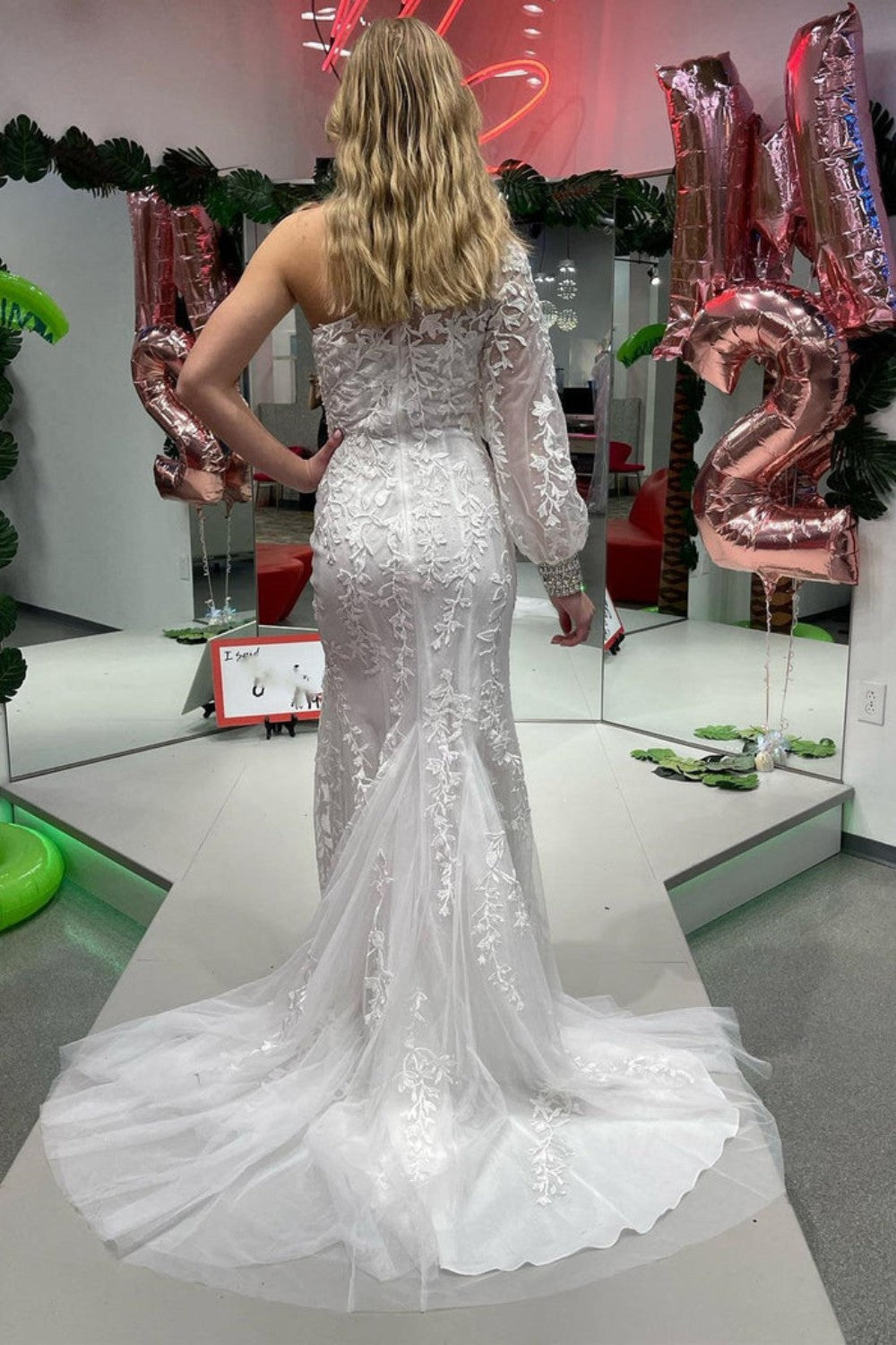 dressimeMermaid Tulle One Shoulder Long Sleeves Slit Prom Dresses With Applique