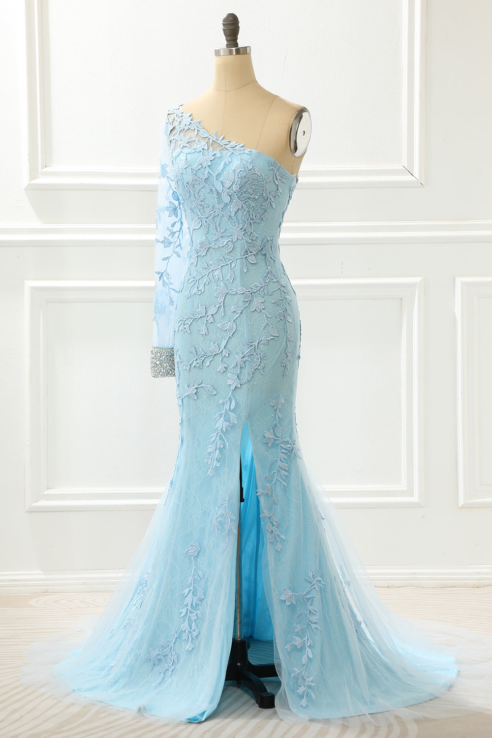 dressimeMermaid Tulle One Shoulder Long Sleeves Slit Prom Dresses With Applique