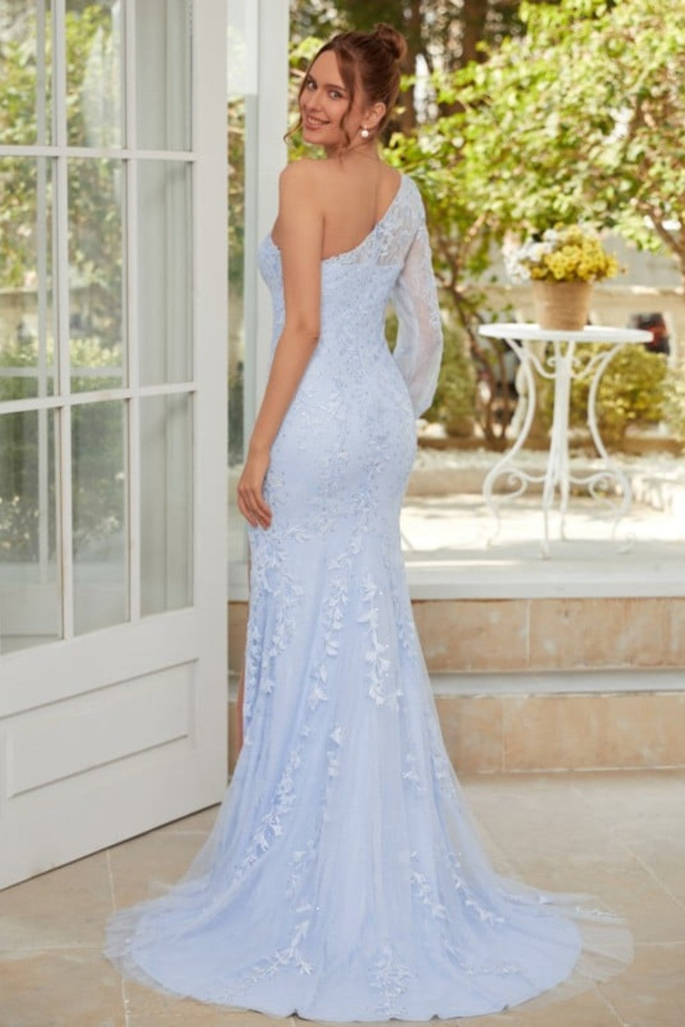 dressimeMermaid Tulle One Shoulder Long Sleeves Slit Prom Dresses With Applique