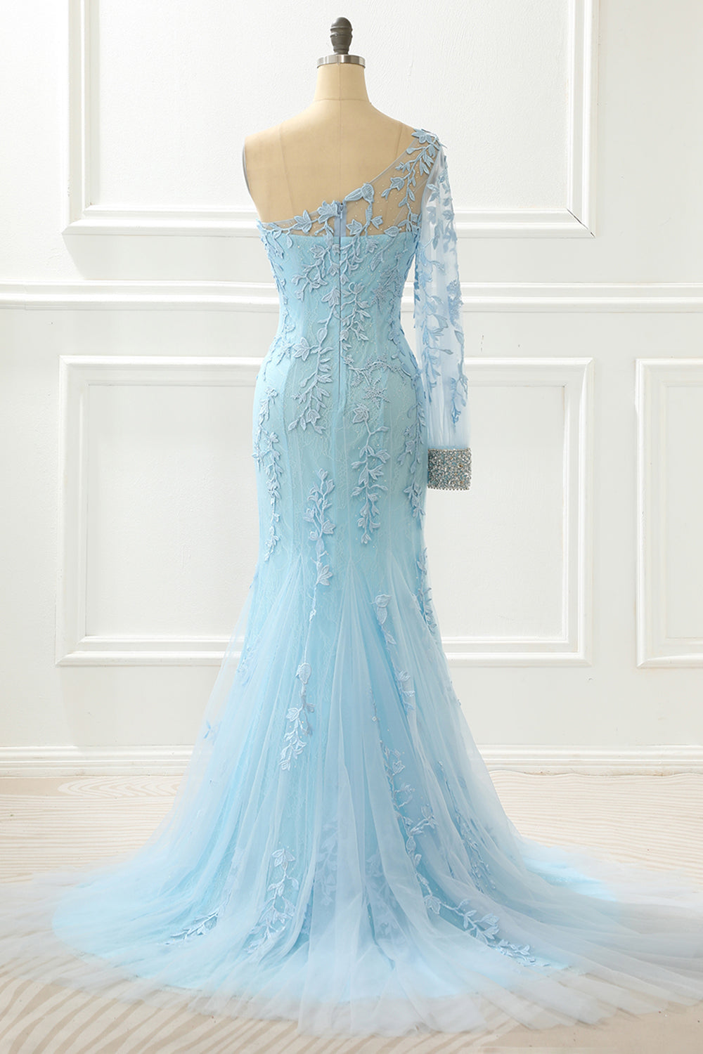 dressimeMermaid Tulle One Shoulder Long Sleeves Slit Prom Dresses With Applique