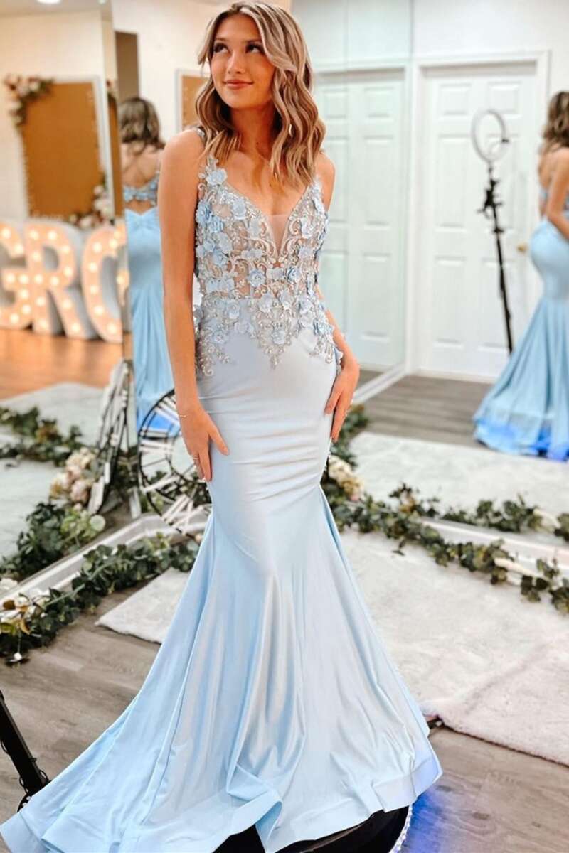dressimeMermaid V Neck 3D Floral Lace Backless Trumpet Prom Dress