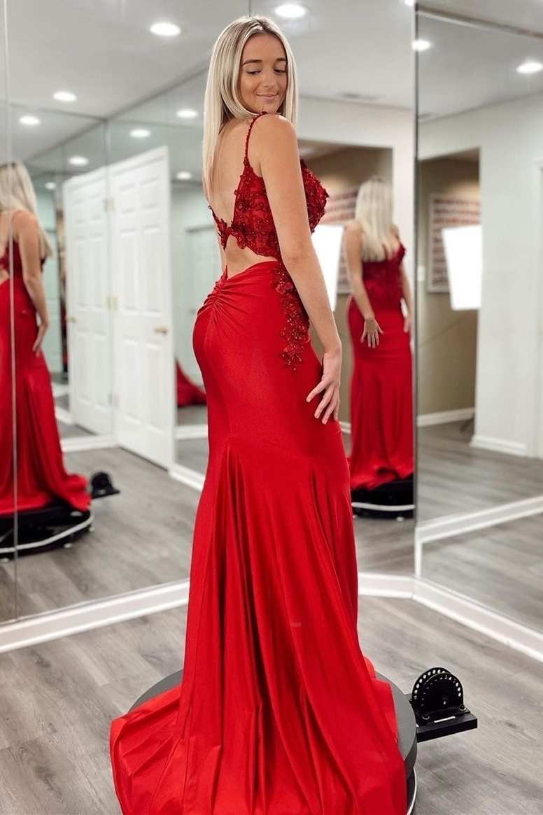 dressimeMermaid V Neck 3D Floral Lace Backless Trumpet Prom Dress