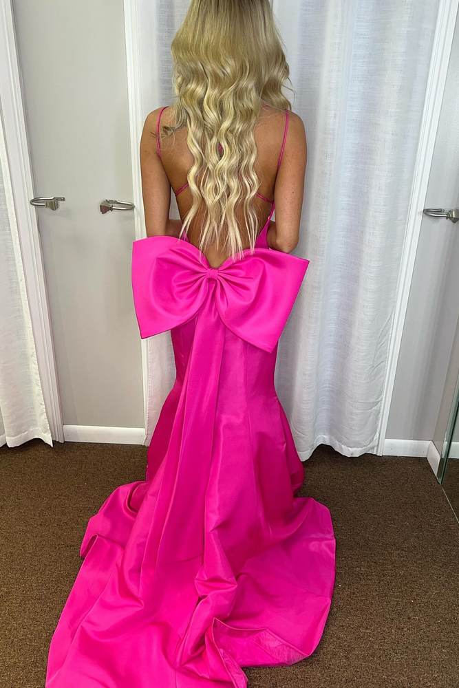 Dressime Mermaid V Neck Satin Long Prom Dress with Bow dressime
