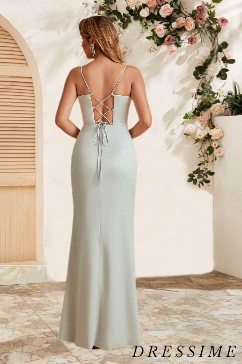 Dressime Modern Mermaid Spaghetti Straps Satin Floor Length Bridesmaid Dress With Slit dressime