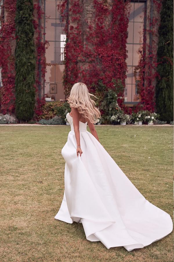dressimeNew Arrival A Line Satin Strapless Wedding Dresses With Court Train