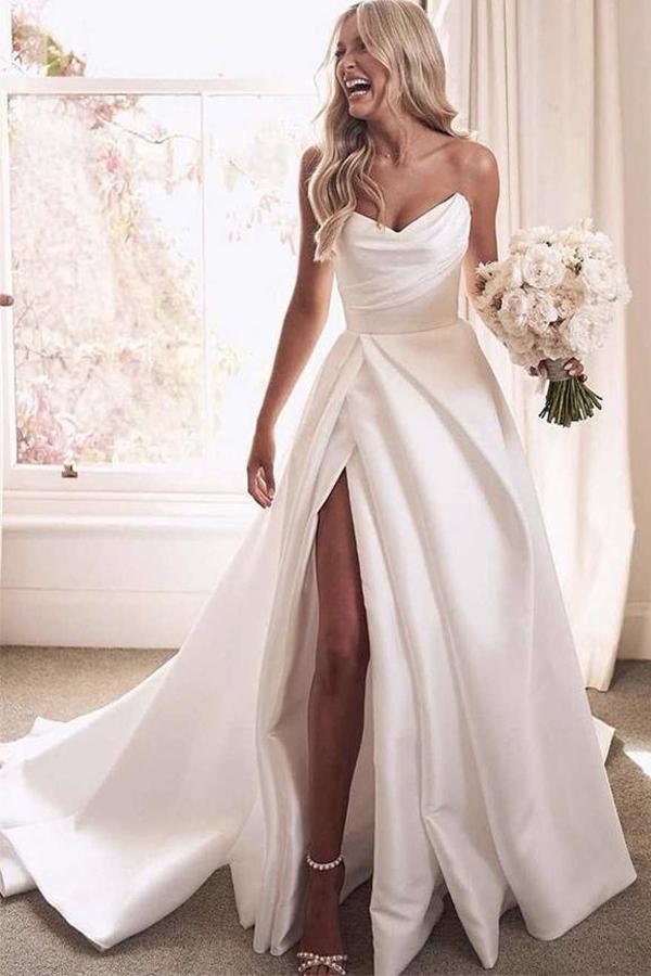 dressimeNew Arrival A Line Satin Strapless Wedding Dresses With Court Train