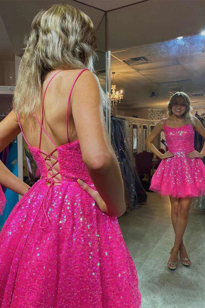 dressimeNew Arrival Sequins Pink Above Knee A Line Spaghetti Straps Homecoming Dresses Short Cocktail Dresses