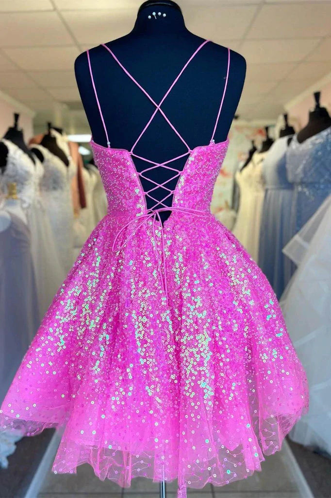 dressimeNew Arrival Sequins Pink Above Knee A Line Spaghetti Straps Homecoming Dresses Short Cocktail Dresses